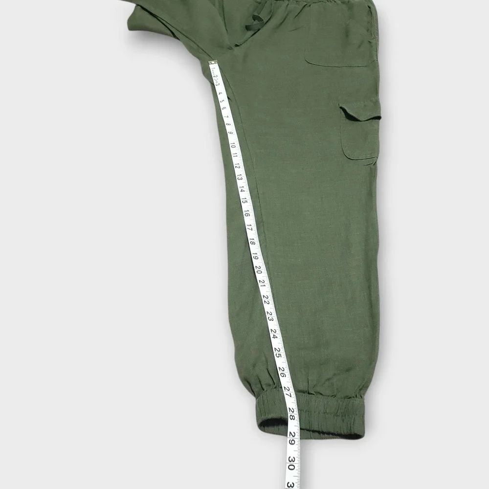 Nicole Miller New York 100% Linen‎ Cargo Joggers Green Large Drawstring Pants